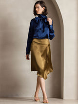 [Bleu Foncé] SilkSilky-FR Long Sleeve High Neck Blouse 007