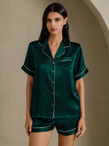 [Vert Foncé] SilkSilky-FR Short Sleeve Lapel Collar Femme Pyjamas 003