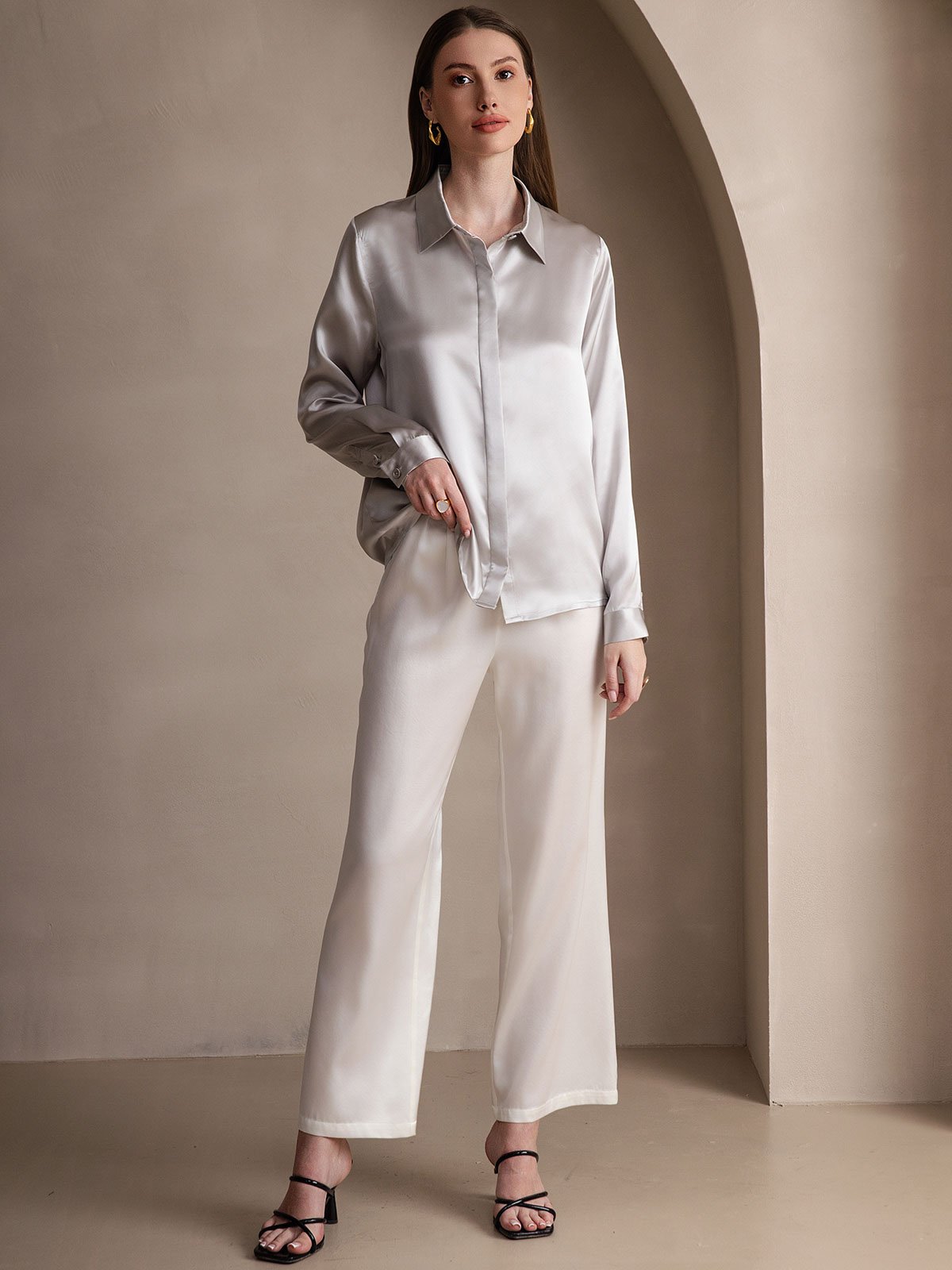 [Gris Clair] SilkSilky-FR 19Momme Soie Manches longues Col Chemise Femme Chemise 006