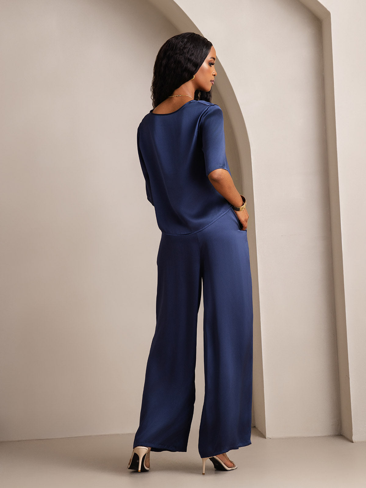 [Bleu Foncé] SilkSilky-FR Pure Soie Col Rond Femme Pyjamas 002