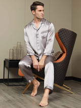 [Gris] SilkSilky-FR Pure Soie Manches longues Revers Homme Pyjamas 001