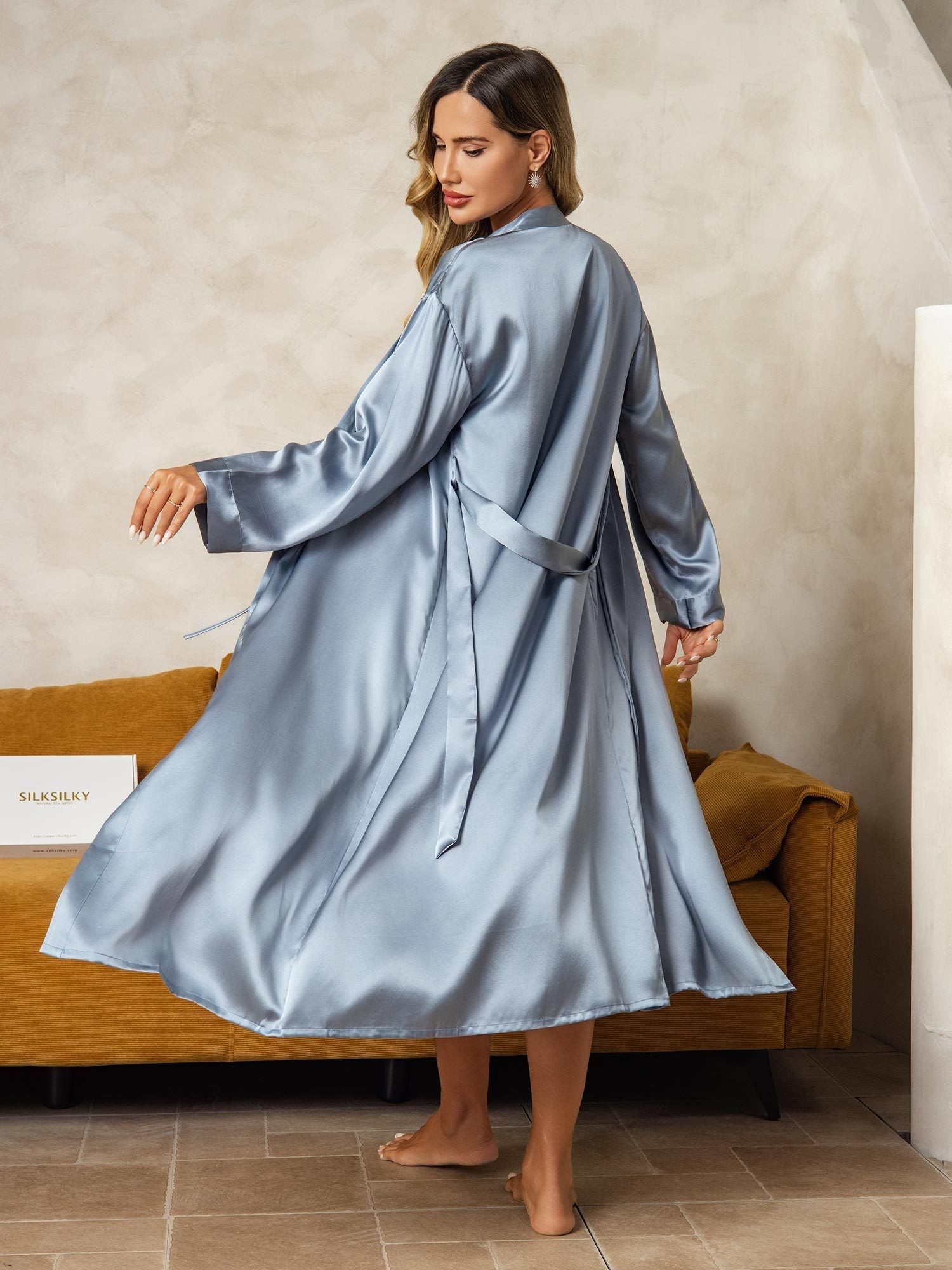 [Bleu Grisâtre] SilkSilky-FR Soie Nightgown&Robe Set 003
