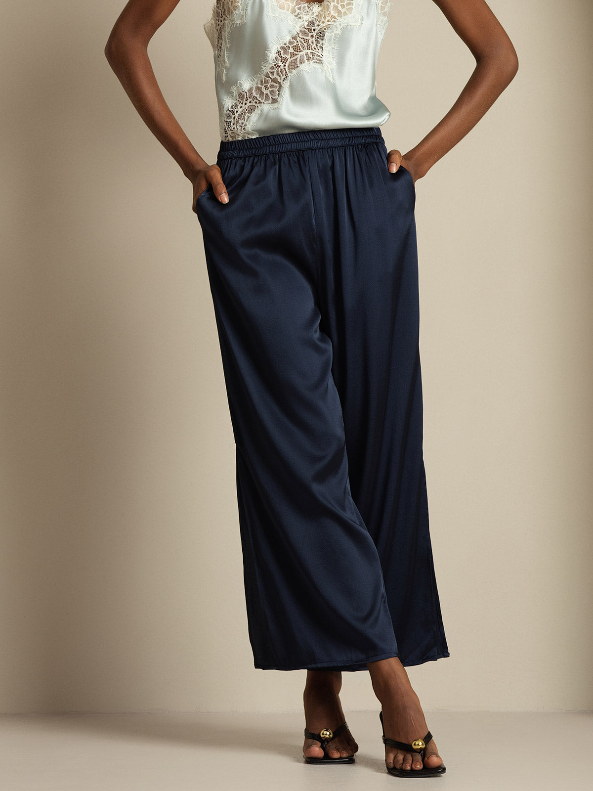 [Bleu Foncé] SilkSilky-FR 19Momme Soie Womens Pants 005
