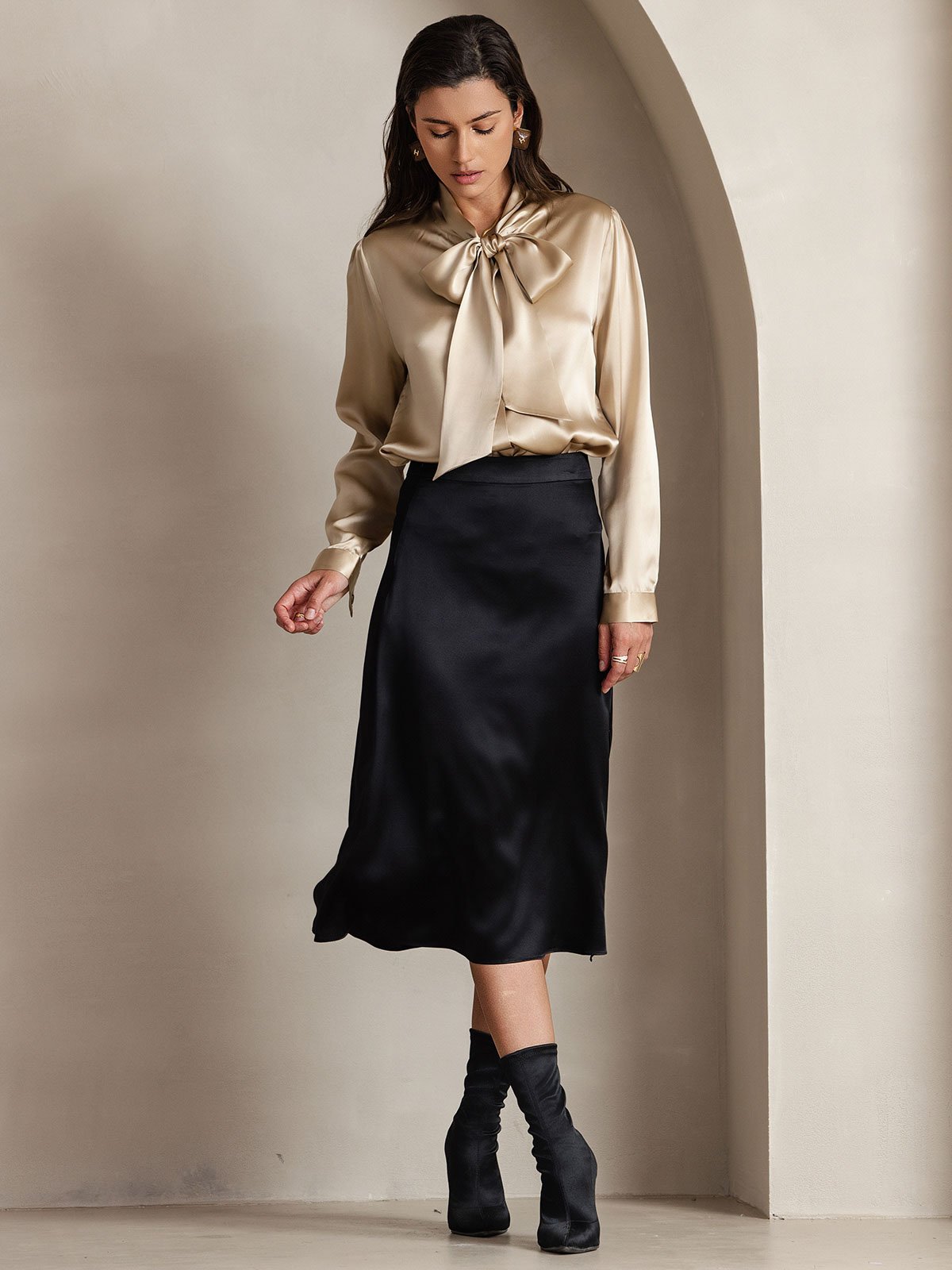 [Champagne] SilkSilky-FR 19Momme Manches longues À Nouer Blouse 004