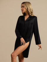 [Noir] SilkSilky-FR Long Sleeve Lapel Collar Chemise pour dormir 003