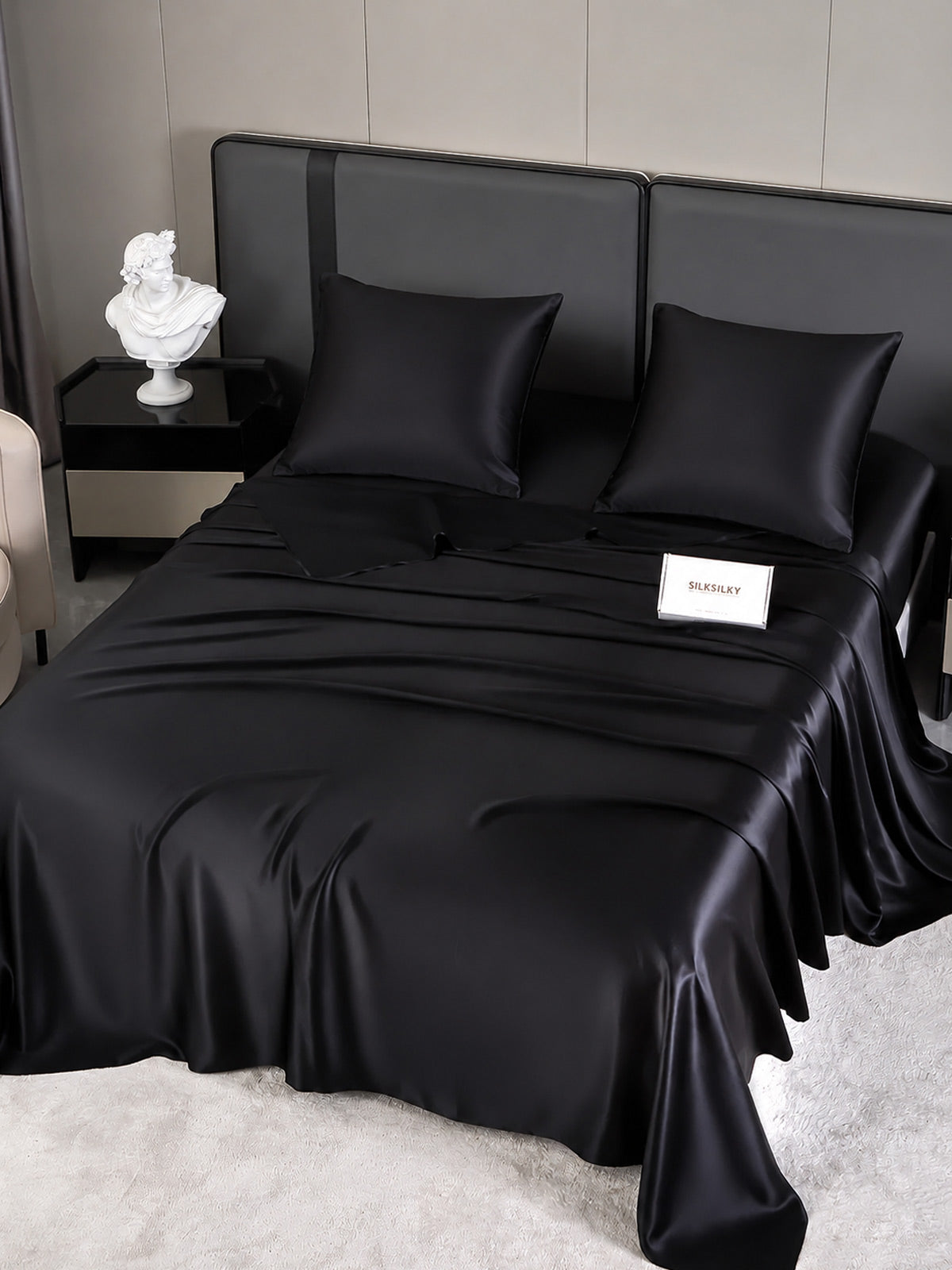 [Noir] SilkSilky-FR Parure de Lit Soie 002