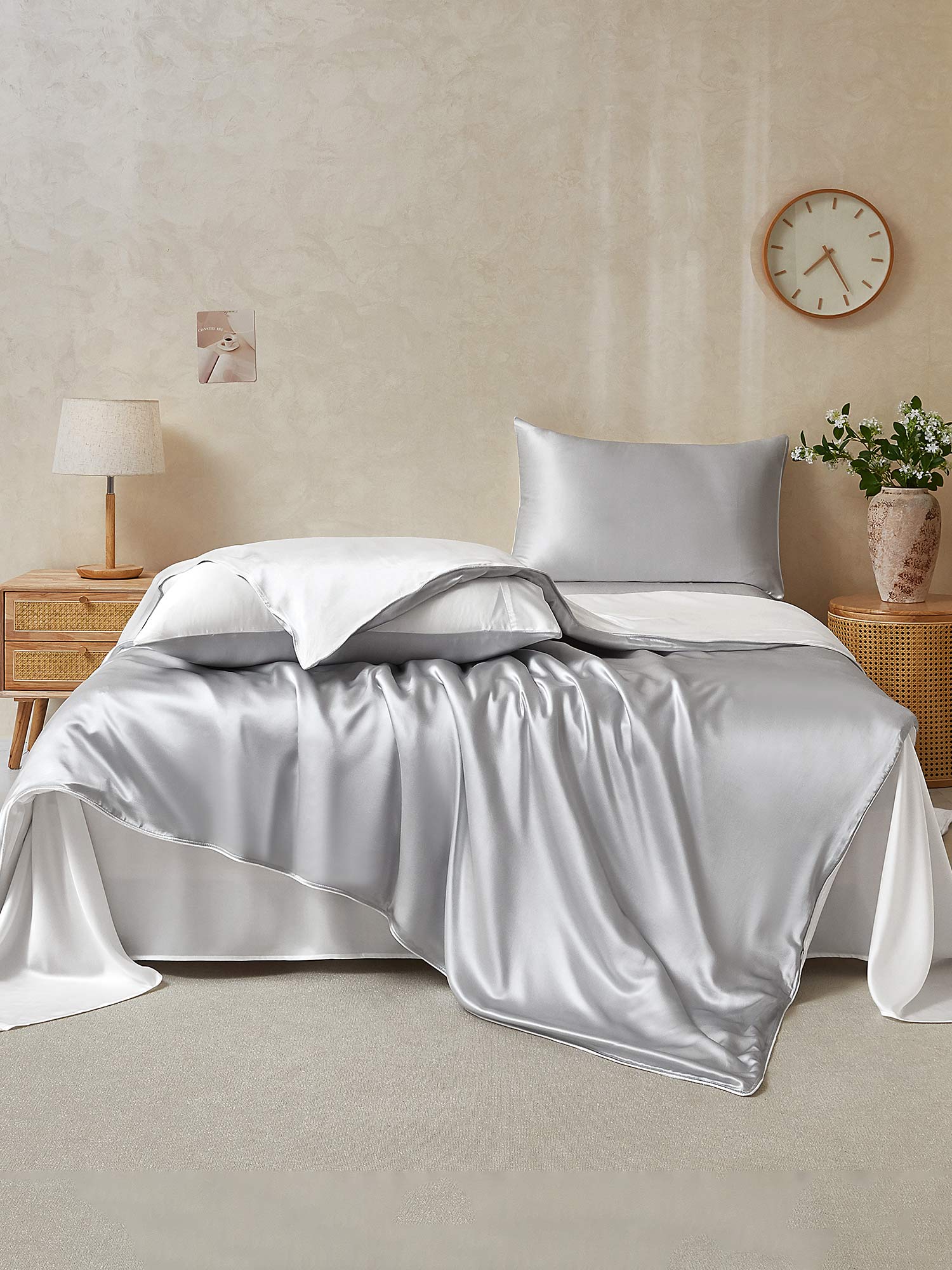 [GrisClair+Blanc] SilkSilky-FR 19Momme Pure Soie Bedding Set 002,