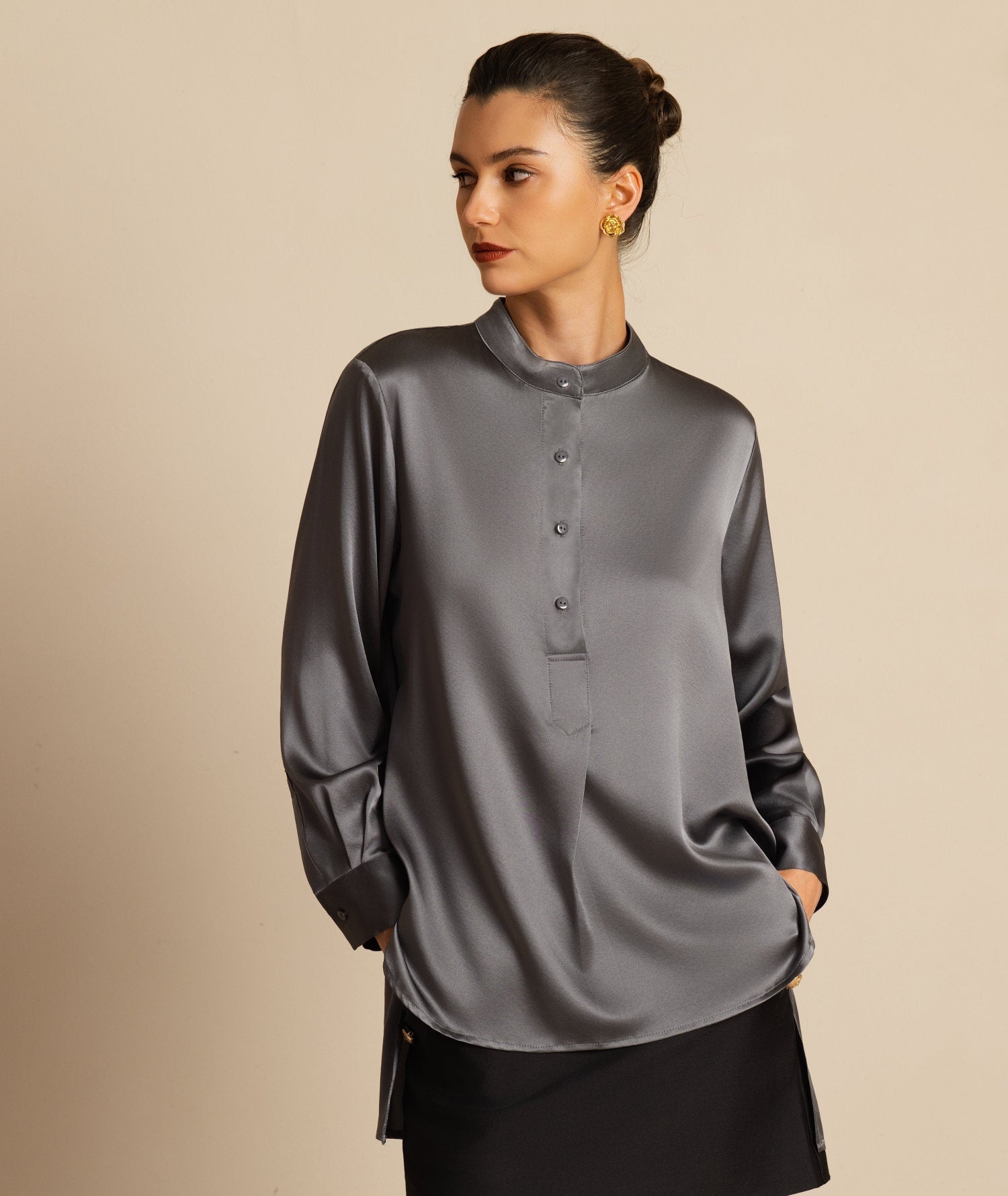 [Gris Foncé] SilkSilky-FR 19Momme Soie Manches longues Col Montant Blouse 003