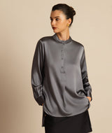 [Gris Foncé] SilkSilky-FR 19Momme Manches longues Col Montant Blouse 003