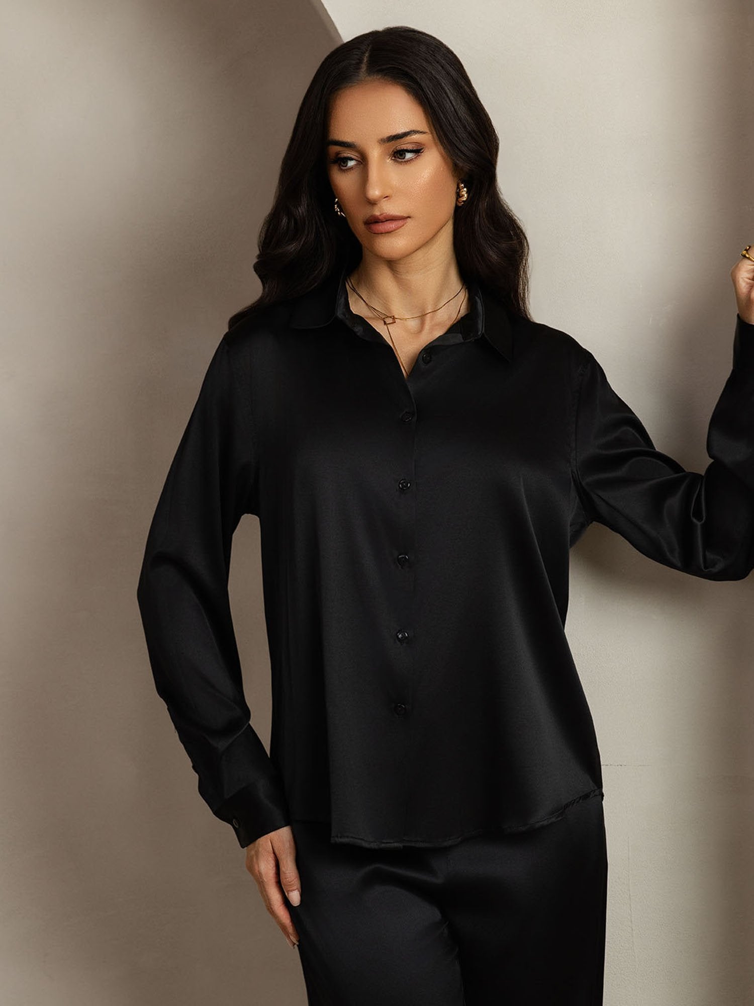 [Noir] SilkSilky-FR 19Momme Soie Col Chemise Women''s Outfit Sets 005