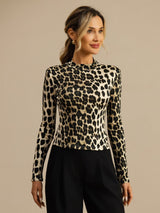[Leopard] SilkSilky-FR Manches longues Col Mock Femme T-Shirt 001