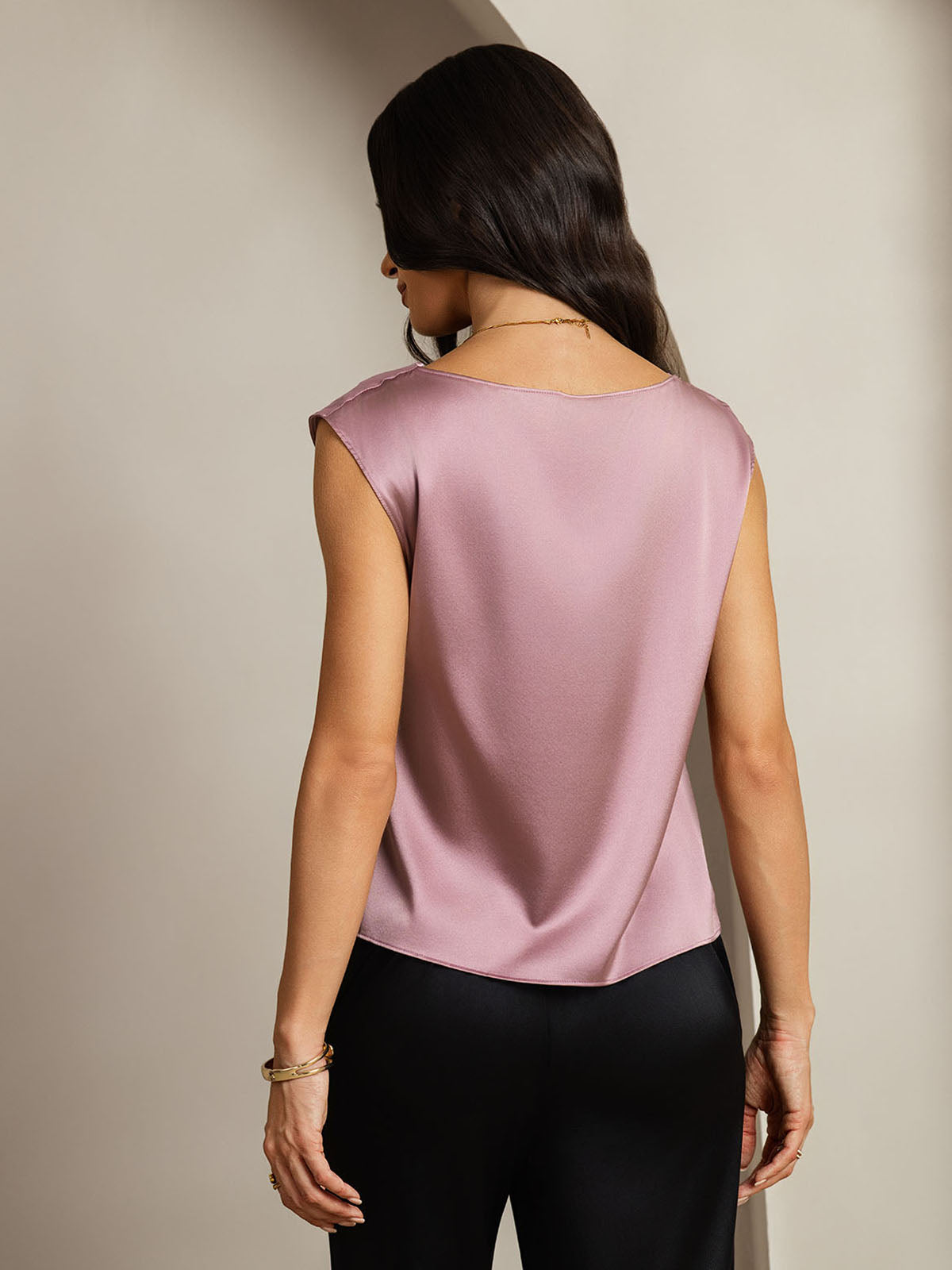 [Mauve Pâle] SilkSilky-FR 19Momme Soie Col Bénitier Femme T-Shirt 002