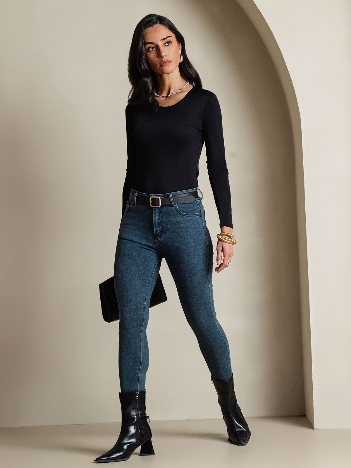 [Noir] SilkSilky-FR Manches longues Col Rond Femme T-Shirt 007