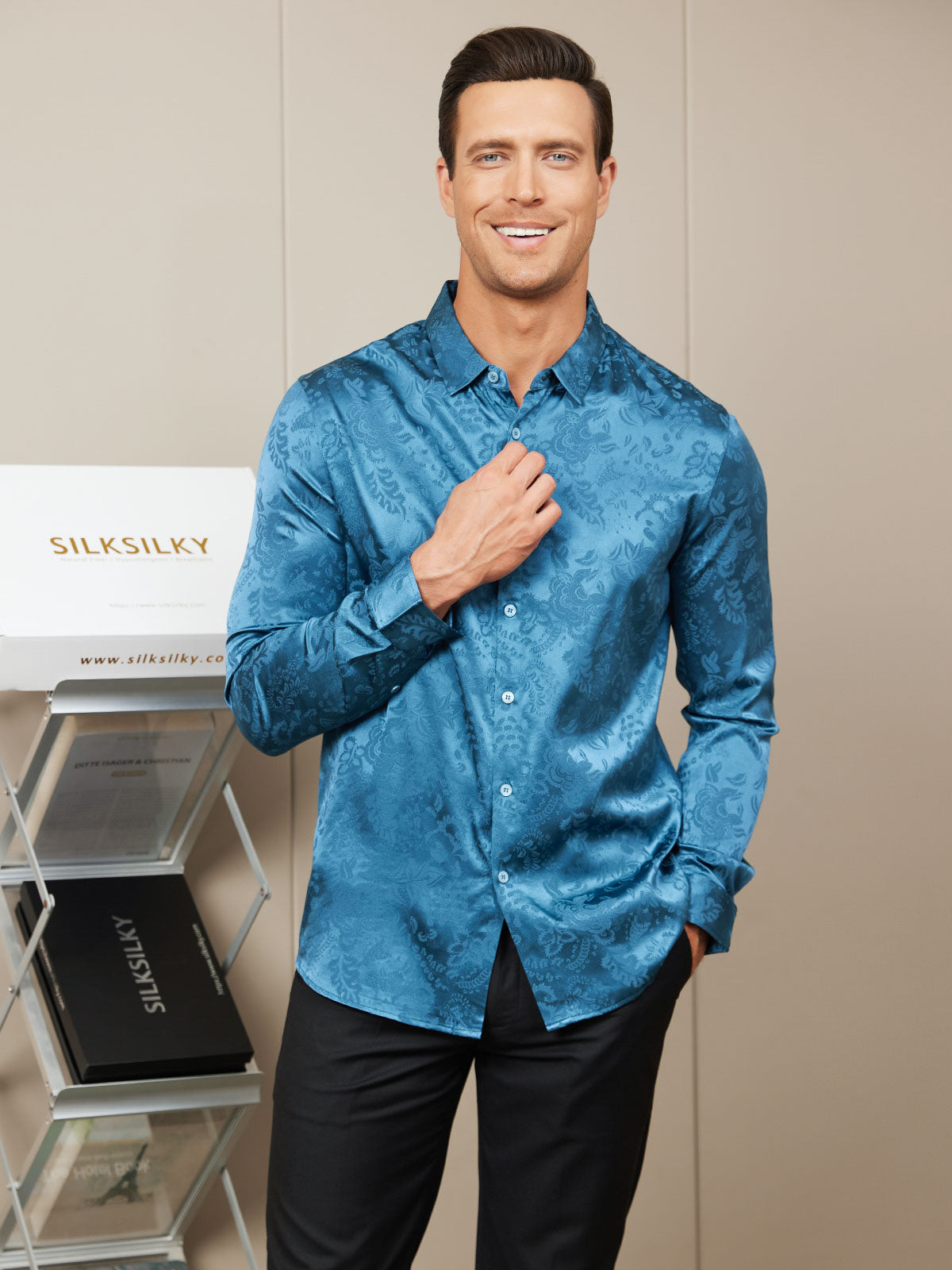 SilkSilky FR Soie Manches longues Col Chemise Homme Chemise Bleu 005