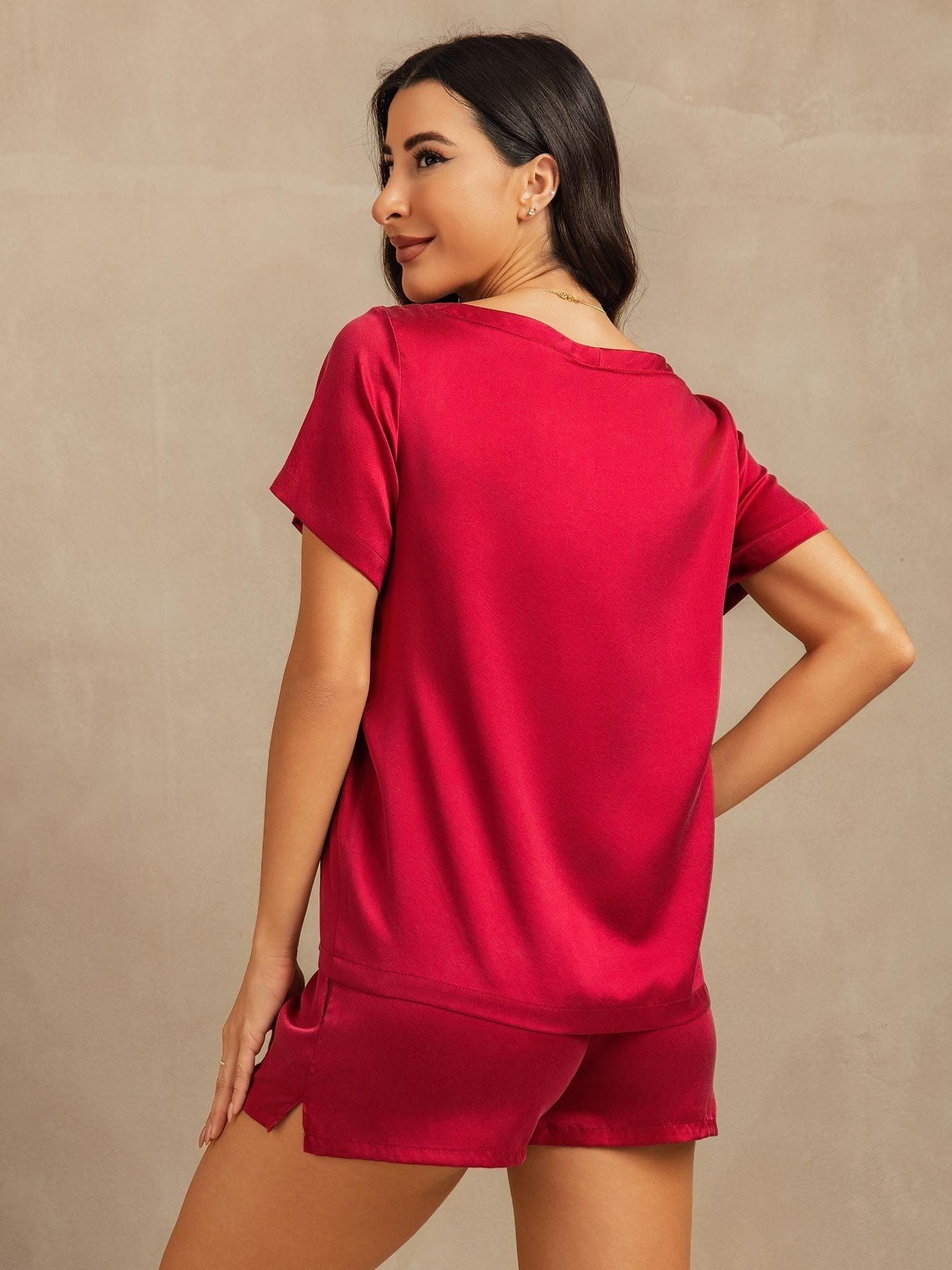 [Rouge Vineux] SilkSilky-FR 19Momme Soie Col Rond Femme Pyjamas 002,