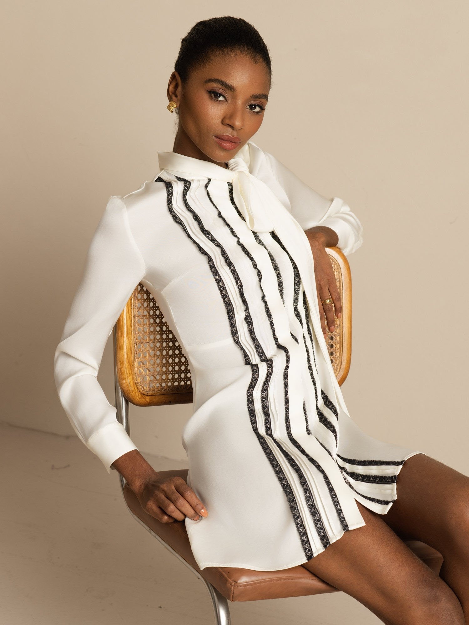 [Blanc] SilkSilky-FR 19Momme Soie Manches longues À Nouer Robes 005