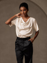 [Beige] SilkSilky-FR Short Sleeve Cowl Neck Blouse 004