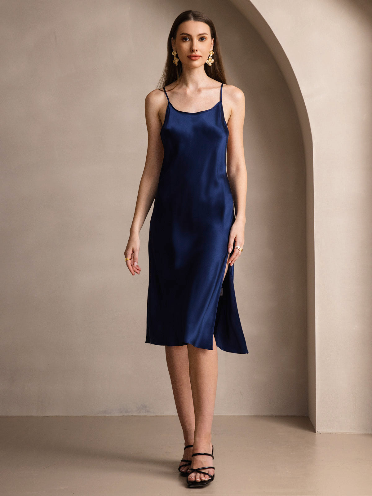 [Bleu Foncé] SilkSilky-FR Pure Soie Col Rond Robes 003