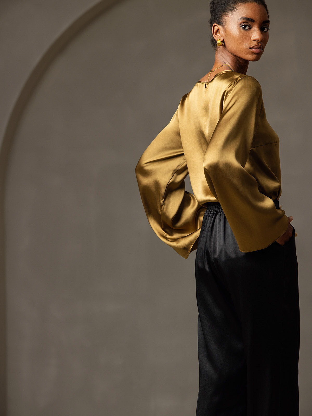 [Brun] SilkSilky-FR 19Momme Manches longues Col Bateau Blouse 006