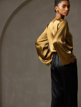 [Brun] SilkSilky-FR Long Sleeve Boat Neck Blouse 006