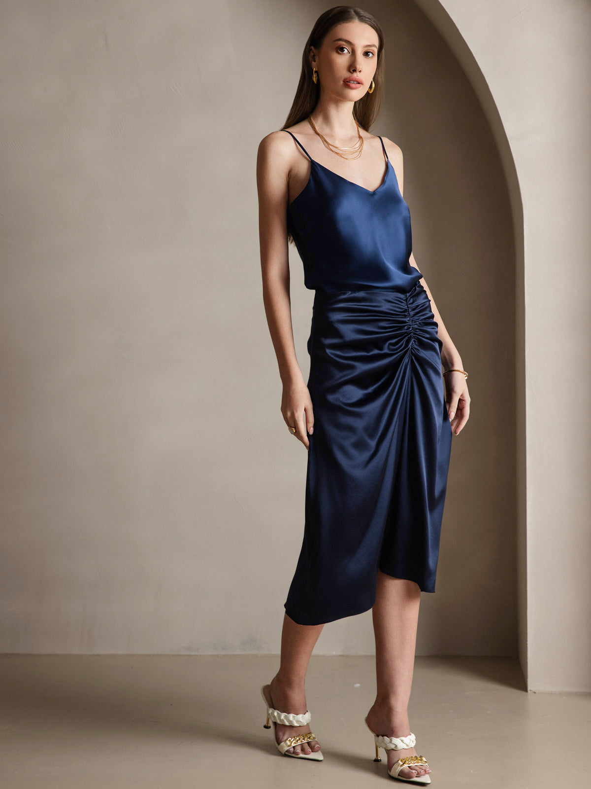 [Bleu Foncé] SilkSilky-FR Pure Soie Col en V Top À Fines Brides 005