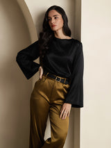 [Noir] SilkSilky-FR Long Sleeve Boat Neck Blouse 006