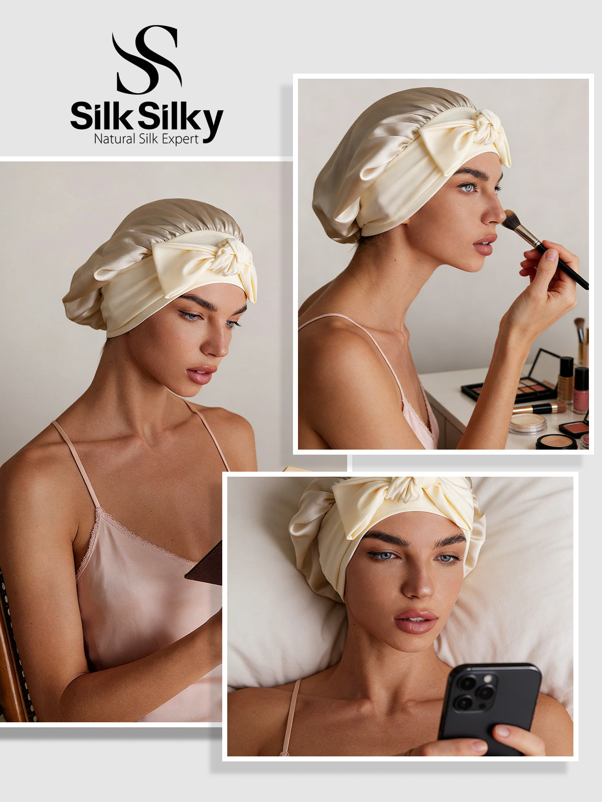 [Beige] SilkSilky-FR Soie Sleep Cap 005