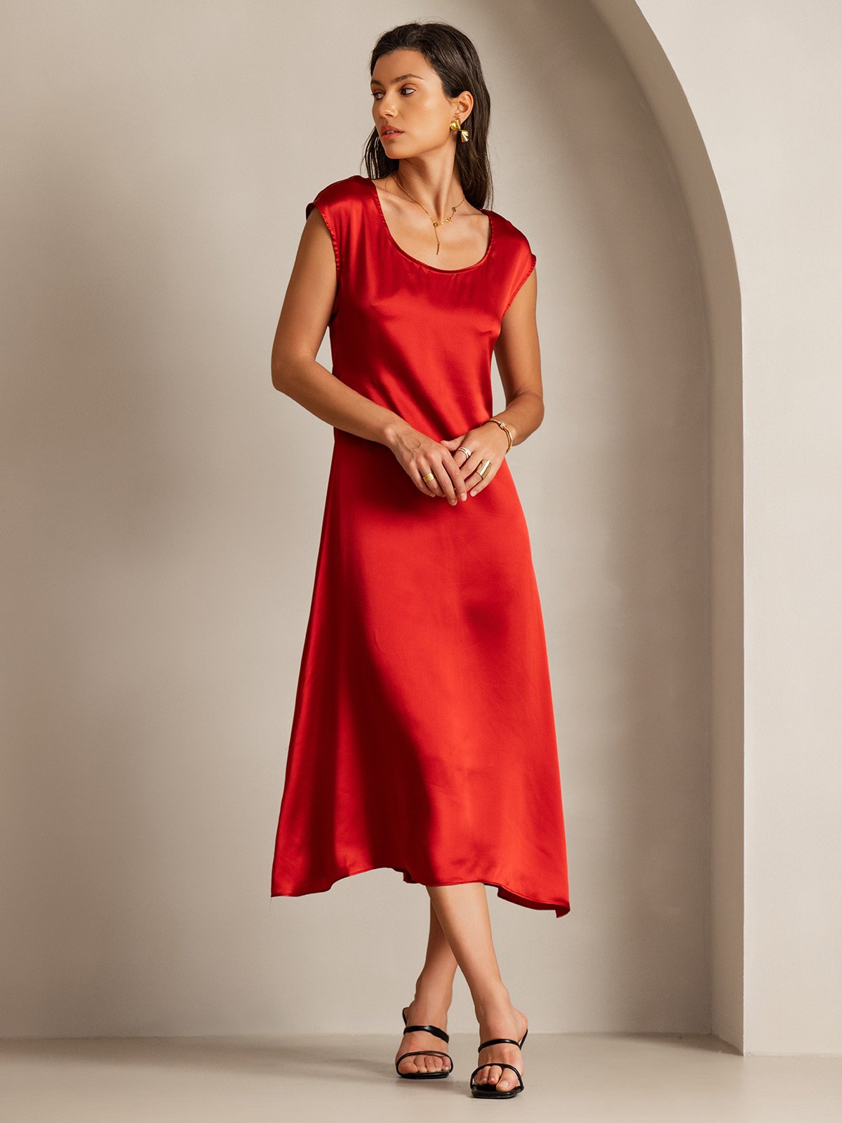 [Rouge Vineux] SilkSilky-FR 19Momme Soie Col Rond Robes 001