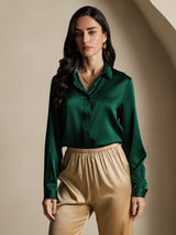 [Vert Foncé] SilkSilky-FR Long Sleeve Lapel Collar Femme Chemise 006