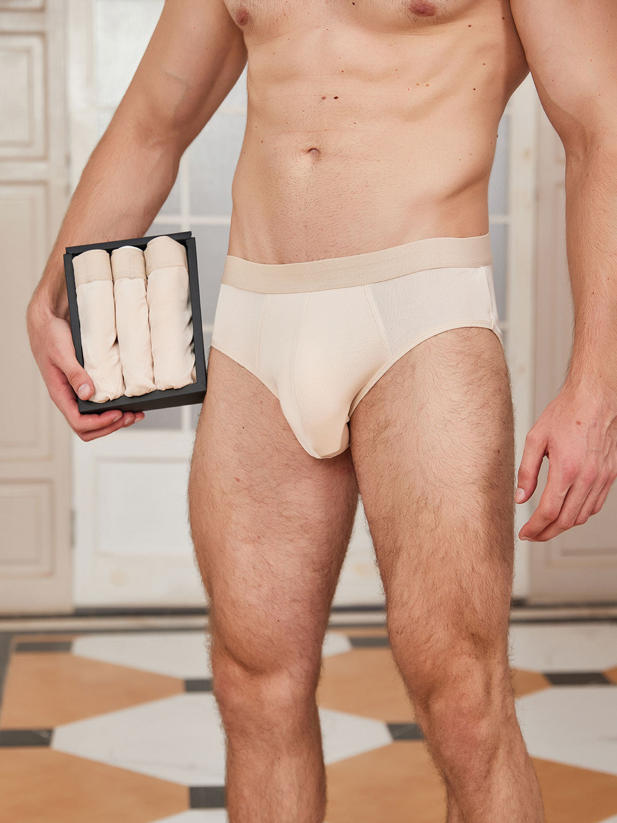 [Beige] SilkSilky-FR Pure Soie Mens Underwear 001