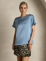 [Bleu Grisâtre] SilkSilky-FR Short Sleeve Boat Neck Femme T-Shirt 003