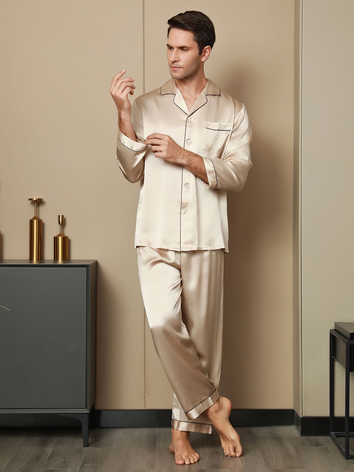 SilkSilky-FR Pure Soie Manches longues Revers Homme Pyjamas Tan 006