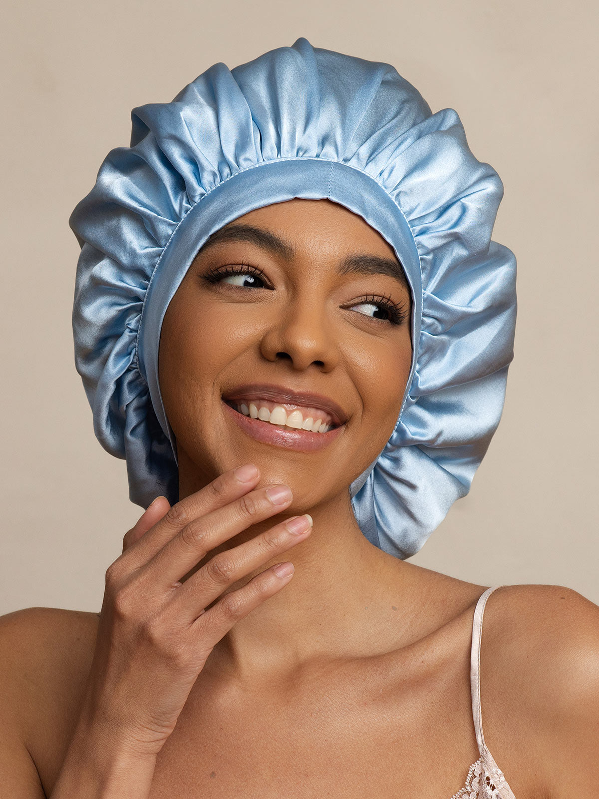 [Bleu Clair] SilkSilky-FR Pure Soie Sleep Cap 001