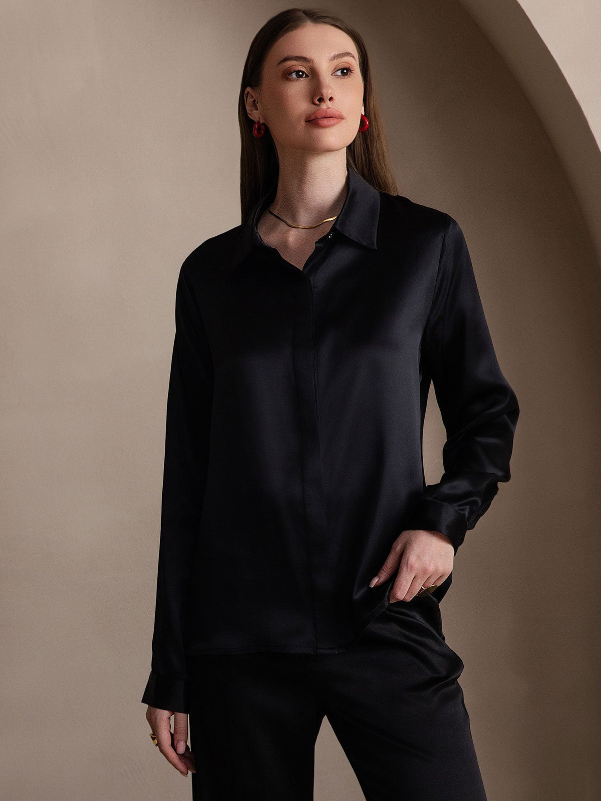 [Noir] SilkSilky-FR 19Momme Soie Lapel Collar Femme Chemise 003