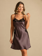 [Marron Foncé] SilkSilky-FR Sleeveless V Neck Chemises de nuit 006