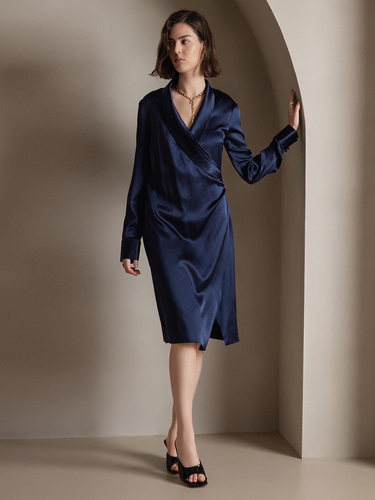 [Bleu Foncé] SilkSilky-FR 19Momme Soie Dress 005