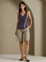 [Gris Foncé] SilkSilky-FR Sleeveless V Neck Top À Fines Brides 007
