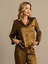 [Brun] SilkSilky-FR Long Sleeve Lapel Collar Femme Pyjamas 006