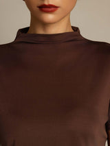 [Café] SilkSilky-FR 100% Silk Jersey Short Sleeve Mock Neck Femme T-Shirt 004