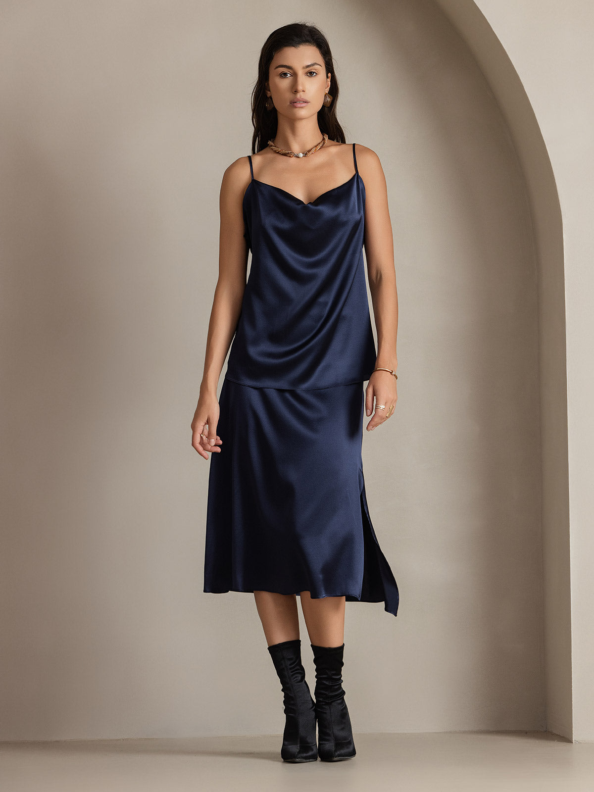 [Bleu Foncé] SilkSilky-FR 19Momme Soie Skirt 004