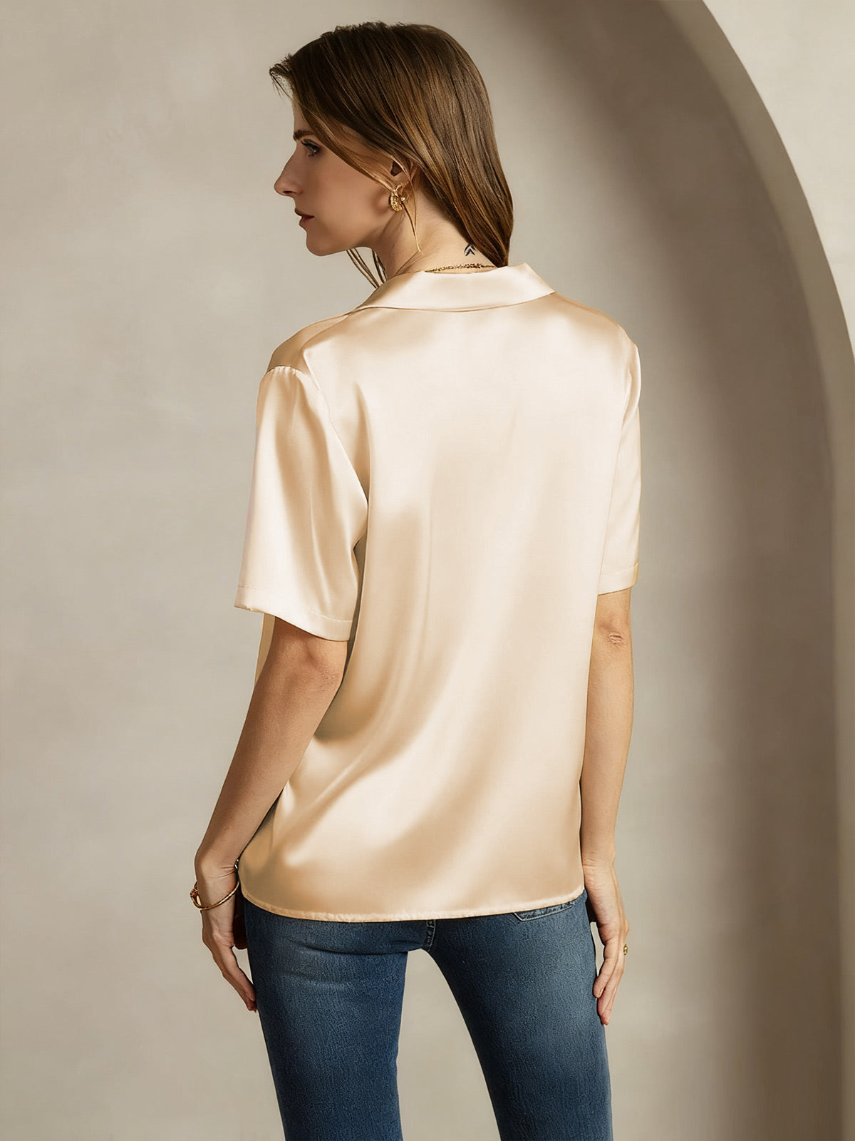 [Champagne] SilkSilky-FR 19Momme Soie Découpe V Femme Chemise 002