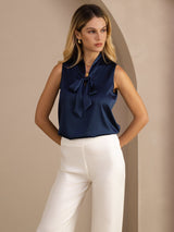 [Bleu Foncé] SilkSilky-FR Sleeveless Tie Neck Top À Fines Brides 004