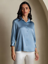 [Bleu Grisâtre] SilkSilky-FR 19Momme Trois-quart Col à Revers Femme Chemise 004