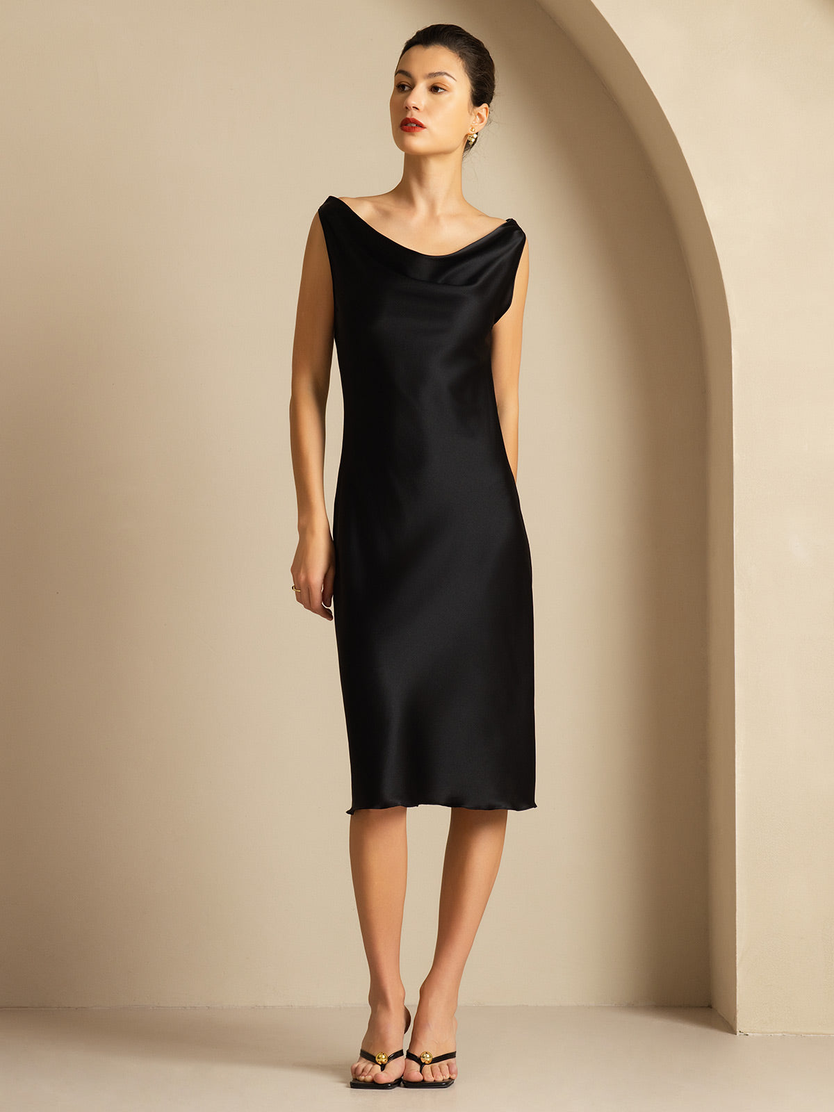 [Noir] SilkSilky-FR 19Momme Soie Col Bénitier Robes 005