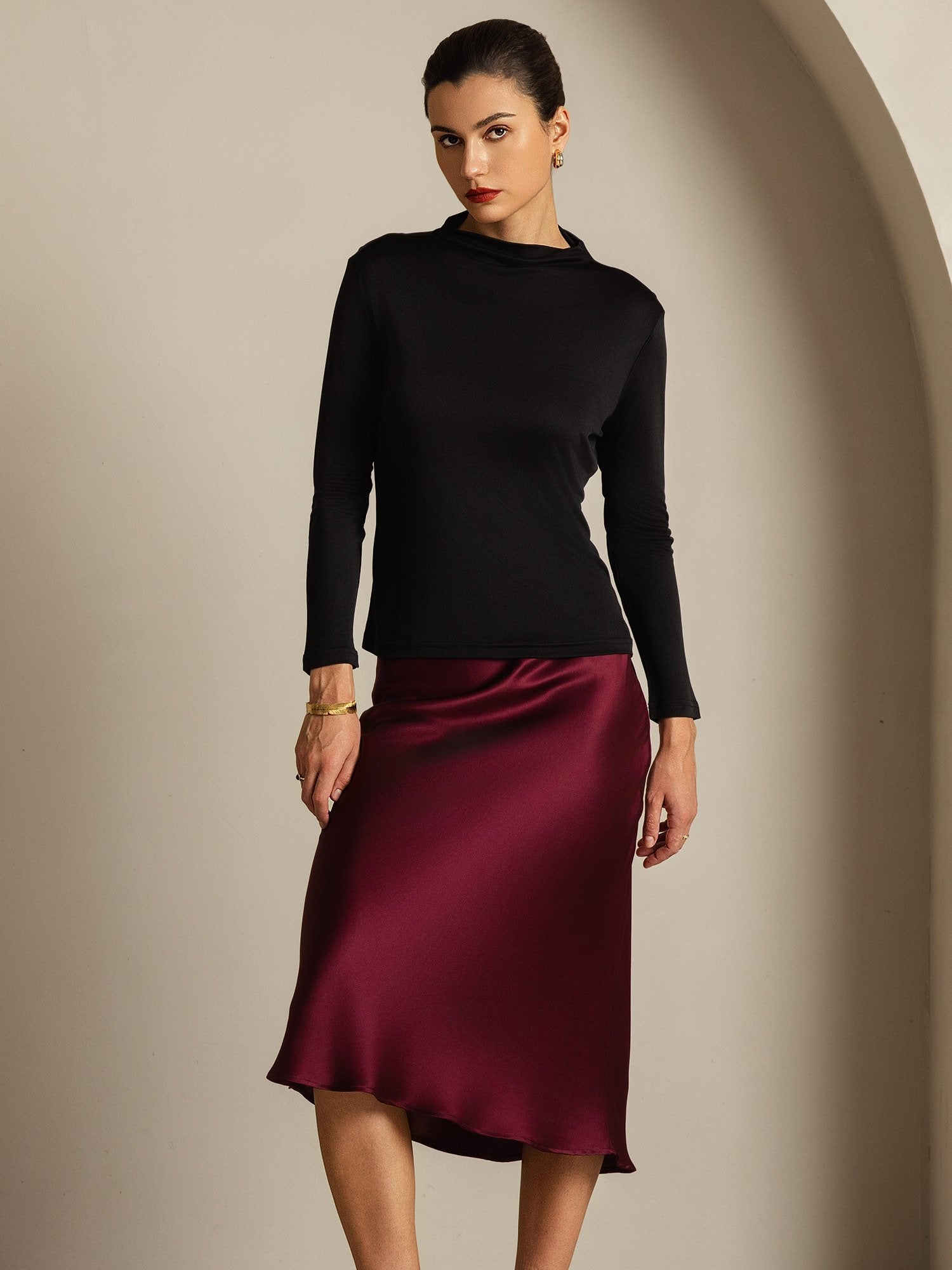 [Noir] SilkSilky-FR Soie Col Haut Femme T-Shirt 006