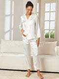 SilkSilky FR Pure Soie Manches longues Revers Femme Pyjamas Blanc 002