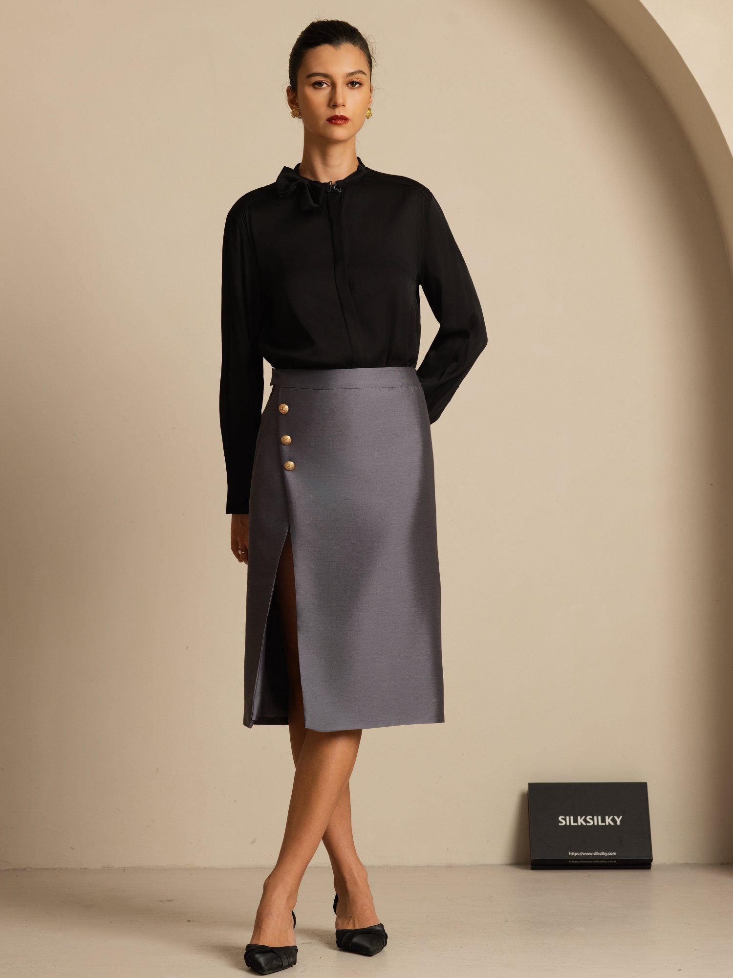 [Noir] SilkSilky-FR 19Momme Soie Manches longues Col Montant Blouse 007