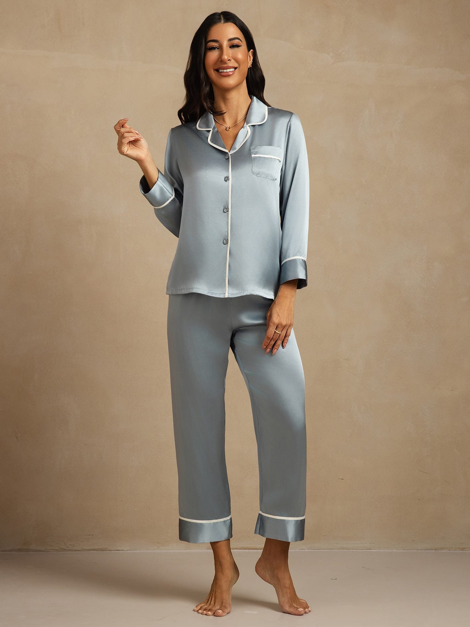 [BleuGrisâtre] SilkSilky-FR Soie Col Chemise Femme Pyjamas 007