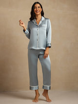[Bleu Grisâtre] SilkSilky-FR Manches longues Col Cranté Femme Pyjamas 007