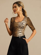 [Tigre] SilkSilky-FR Manches mi-longues Encolure Dégagée Femme T-Shirt 005